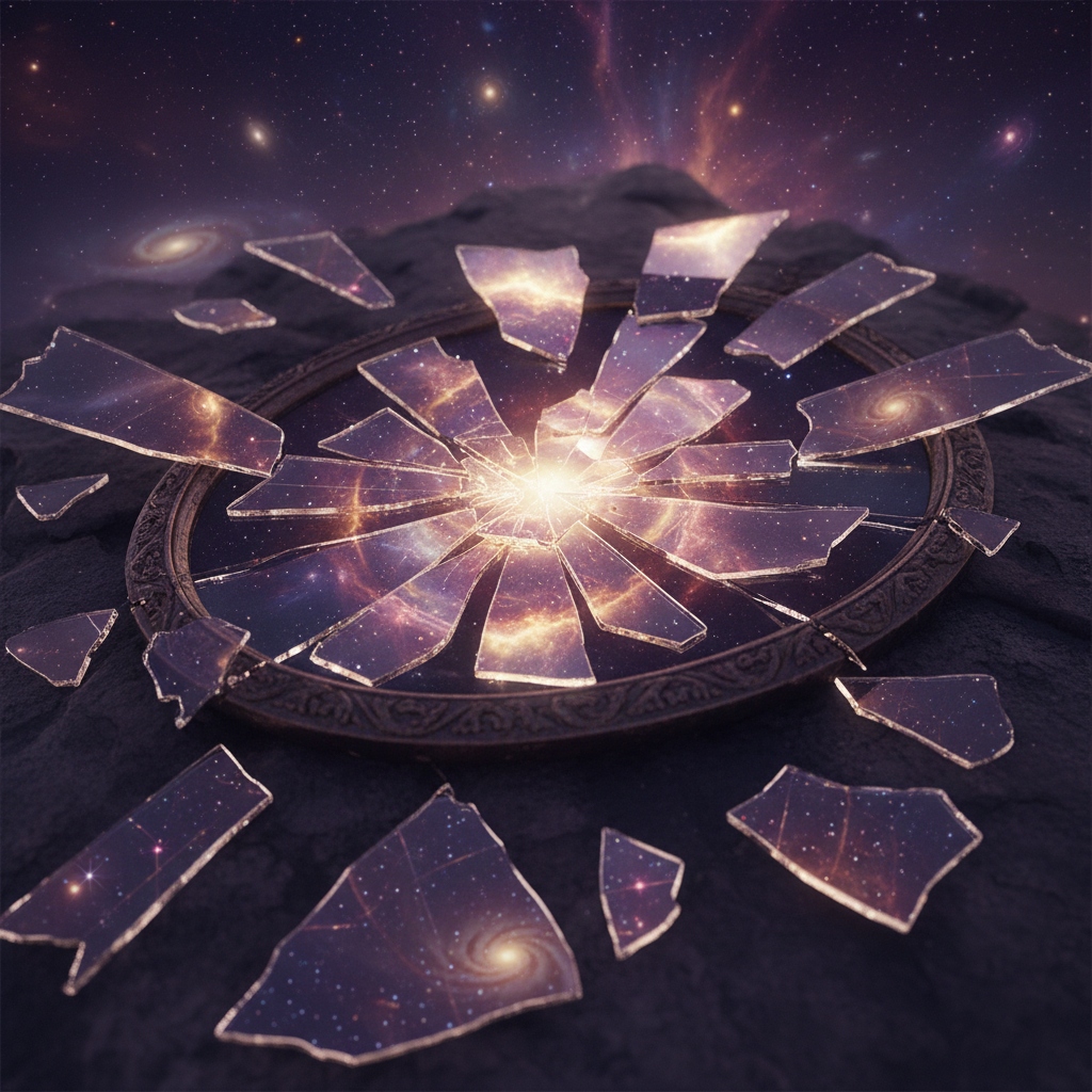 Espelho quebrado refletindo o cosmos